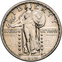 1918-D Liberty Standing 25C Sharpness of About Unc