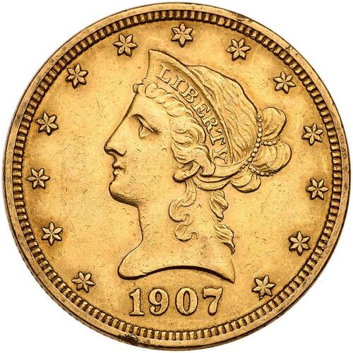 1907 $10 Gold AU50