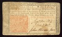 New Jersey, March 25, 1776, Six Shillings Signed John Hart VF
