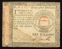 Continental, January 14, 1779, Sixty Five Dollars VF