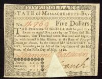 Massachusetts, March 18, 1780. Five Dollars Cut Canceled EF