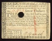 Massachusetts, March 18, 1780. Seven Dollars Hole Canceled