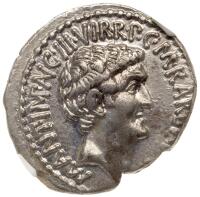 Mark Antony and Octavian. <I>M. Barbatius Pollio, moneyer.</I> Ca. 41 BC. Silver Denarius (3.69g), 41 BC