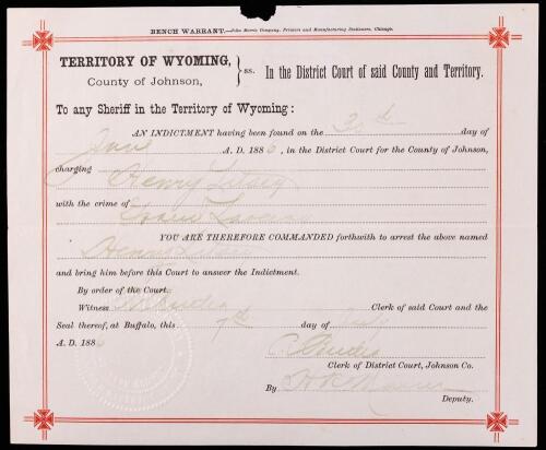 Frank Canton: ADS Frontier Bank Robber and Murderer-Turned-Sheriff of Johnson County, Wyoming Bench Warrant Dated 1886 Very Scar