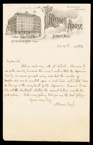Sir Arthur Conan Doyle, Autographed Letter Signed and Dated 1894 Regarding the Continuing of Lectures in Chicago Due to the Econ