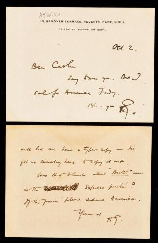 H.G. Wells: Autographed Note Cards Signed, both 1920's