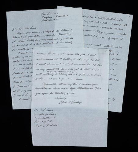 Charles Lindbergh: Three Page, Autographed Letter Signed Dated 1971 to Minister for Lands, Sidney, Australia
