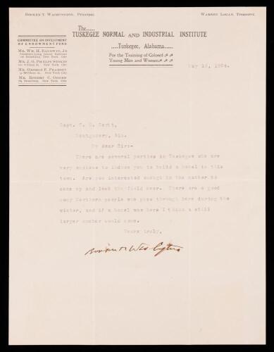 Booker T. Washington: Principal The Tuskegee Normal and Industrial Inst., Tuskegee, Alabama TLS Dated 1904