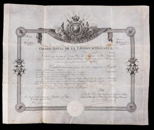 Louis XVIII: Certificate of Appointment as Chevalier in the Legion of Honour, as King of France on Vellum