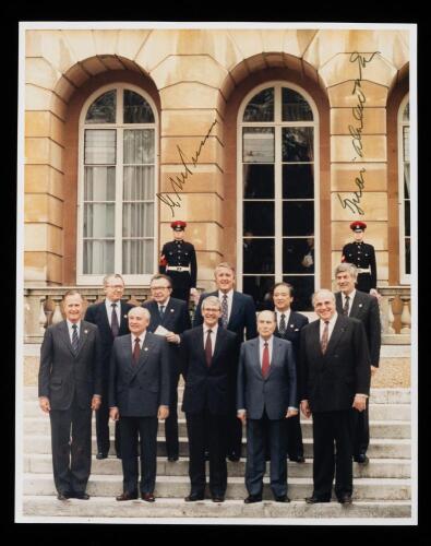 Mikhail Gorbachev & Giulio Andreotti Autographed Photo Posing with Other World Leaders including Geo. H. W. Bush John Major & Hl