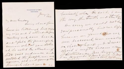 William Jennings Bryan: Autographed Letter Signed as Secretary of State to a Firebrand Preacher, Billy Sunday dated 1913 on Stat