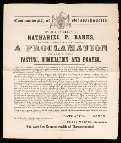 Rare Broadside by Nathaniel P. Banks Proclamation for a Day of Public Fasting, Humiliation and Prayer, Commonwealth of Massachus