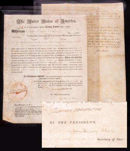 James Monroe and John Quincy Adams Signed Patent for a James Cooper "That He Has Invented a New and Useful Improvement", 1819