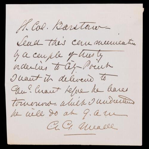 Major General George Mead: Note Signed to his Asst. Adjutant-General, Lt. Col. Simon Barstow. Undated Civil War Correspondence
