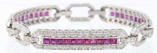 Ladies Lovely 18K White Gold, Diamond and Square Cut Ruby Bracelet in Mint Condition