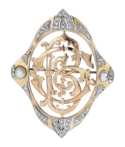 Magnificent 14K Yellow and White Gold Art Deco Brooch with Accent Pearls and Diamonds.