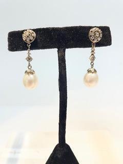 Ladies Lovely 14K White Gold, Pearl and Diamond Drop Earrings