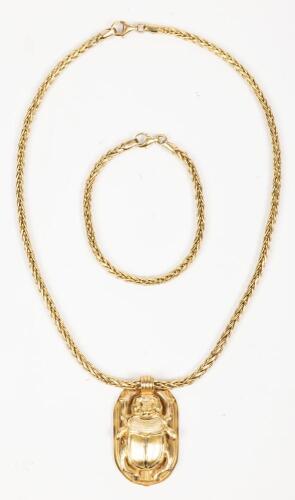 Striking 18K Yellow Gold, Egyptian Made Ensemble of Scarab, Pendant, Chain and Matching Chain Bracelet.
