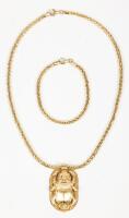 Striking 18K Yellow Gold, Egyptian Made Ensemble of Scarab, Pendant, Chain and Matching Chain Bracelet.