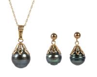 Ladies 14K Yellow Gold and Black South Sea Pearl Drop Earrings and Matching Pendant