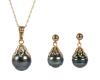 Ladies 14K Yellow Gold and Black South Sea Pearl Drop Earrings and Matching Pendant