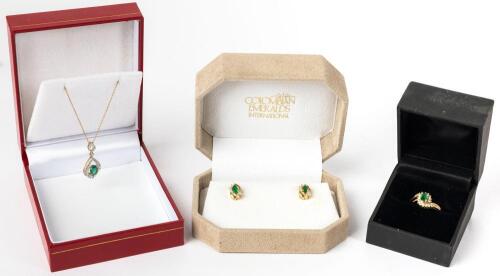 Ladies 14K Yellow Gold, Emerald and Diamond Ensemble: One Ring, Pair of Earrings and a lovely Necklace Pendant