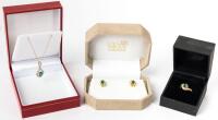 Ladies 14K Yellow Gold, Emerald and Diamond Ensemble: One Ring, Pair of Earrings and a lovely Necklace Pendant