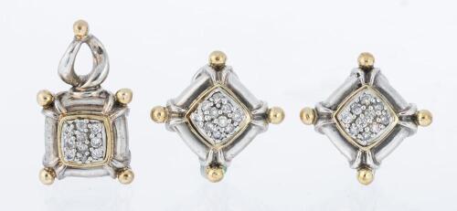 Ladies 18K Yellow and White Gold Ensemble of Post Earrings and Matching Pendant all with White Accent Diamonds