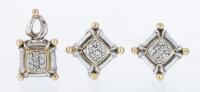 Ladies 18K Yellow and White Gold Ensemble of Post Earrings and Matching Pendant all with White Accent Diamonds