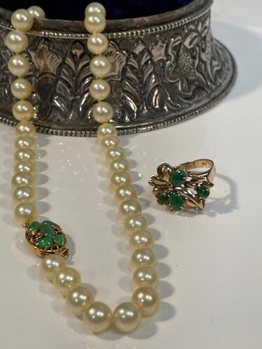 Ladies Beautiful Ensemble of Pearls with Exceptional Luster and a Fine 14K Yellow Gold and Jade Clasp plus a 14K Gold and Jade R