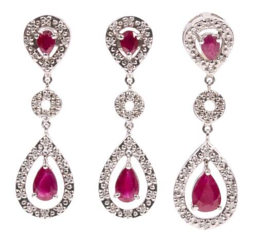 Ladies Fine Ensemble of 14K White Gold, Ruby and Diamond Drop Earrings and Matching Pendant