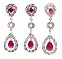 Ladies Fine Ensemble of 14K White Gold, Ruby and Diamond Drop Earrings and Matching Pendant
