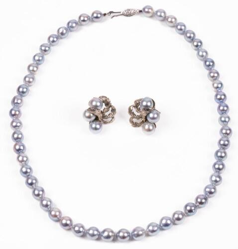 Ladies South Sea Silver Pearl Ensemble of a Necklace and Matching Earrings with 14K White Gold Foliate Accents