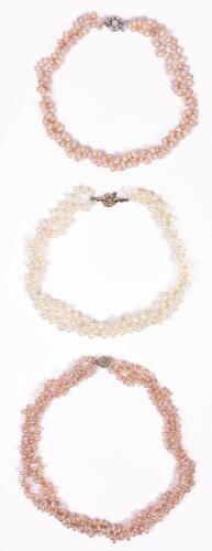 Three Freshwater Pearl Torsade Necklaces Two in Pink, One in White