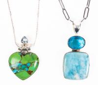 One Ladies Premium Green Mojave Turquoise and One Atlantis or Dolphin Stone Pendant both set In Sterling Silver