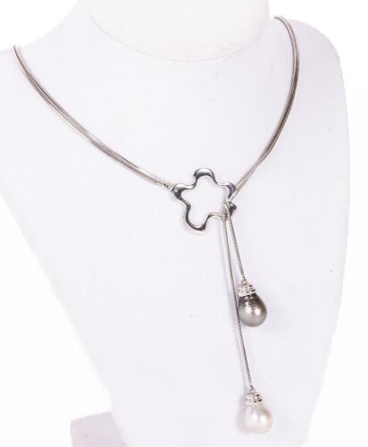 Ladies Unusual and Versatile 18K White Gold and Baroque Pearl Lariat Necklace