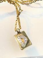 Ladies 18K Yellow Gold Initial Pendant with the Letter "D" Set with Bright White Baguette Diamonds Suspended on 10K Gold Chain
