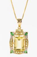 Ladies Impressive14K Yellow Gold Lemon Topaz Pendant with Emerald Accents on an 18 Inch 14K Gold Chain