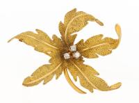 Ladies Lovely Floral Pin in 18K Yellow Gold with 3 Bright White Diamonds