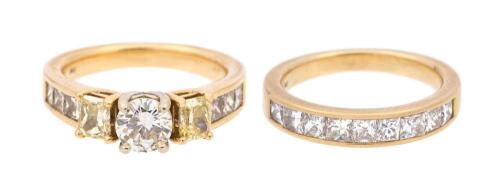 Beautiful, Custom Made Bridal Set with Center 3/4 Carat Diamond Flanked by Two Radiant Cut Fancy Light Yellow Diamonds. Ring Tot