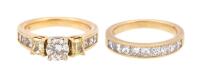 Beautiful, Custom Made Bridal Set with Center 3/4 Carat Diamond Flanked by Two Radiant Cut Fancy Light Yellow Diamonds. Ring Tot