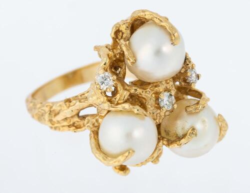 Ladies Dramatic 14K Yellow Gold Lost Wax Cast Ring with Three Pearls and Four Bright White Diamonds.