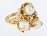 Ladies Dramatic 14K Yellow Gold Lost Wax Cast Ring with Three Pearls and Four Bright White Diamonds.