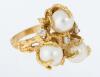 Ladies Dramatic 14K Yellow Gold Lost Wax Cast Ring with Three Pearls and Four Bright White Diamonds.