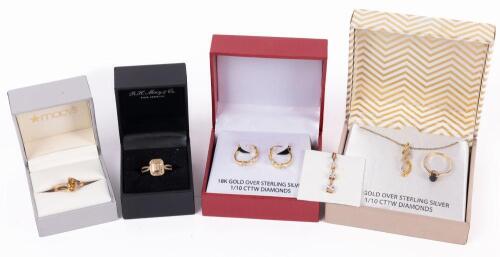 Ladies Traveling Jewelry. Two 10K Yellow Gold and Diamond Rings, Two Vermeil Pairs of Earrings, and Two Pendant Necklaces