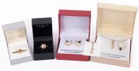 Ladies Traveling Jewelry. Two 10K Yellow Gold and Diamond Rings, Two Vermeil Pairs of Earrings, and Two Pendant Necklaces