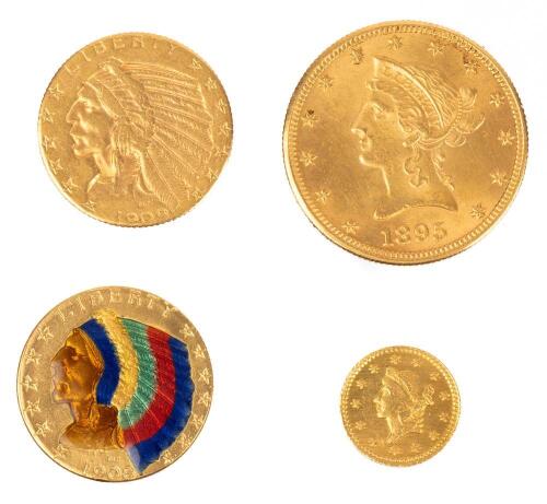 Four Reproduction Coins in 22K Yellow Gold Perfect for Jewelry. $10 Coin, Two $5 Coins and $1 Coin