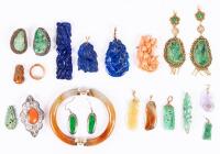 Collection of Jade, Lapis and Coral Jewelry in Sterling Silver 20 Pieces Total