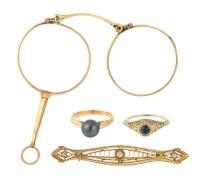 Collection of Vintage and Antique Jewelry: Two Rings, One Lovely Deco Style Pin with Diamonds and an Antique 14K Yellow Gold Lor