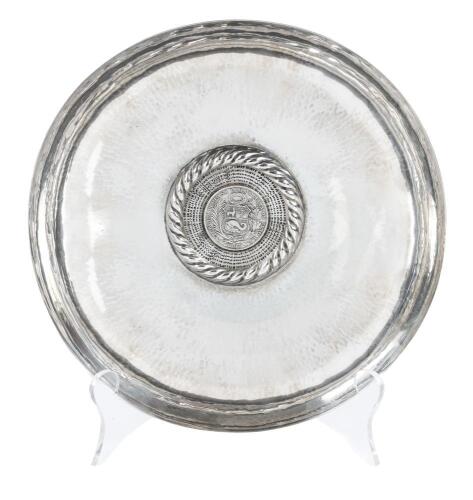 Large Peruvian, Hand Hammered Sterling Silver Bowl Centered with an Authentic, 1894, One(1) Sol Coin